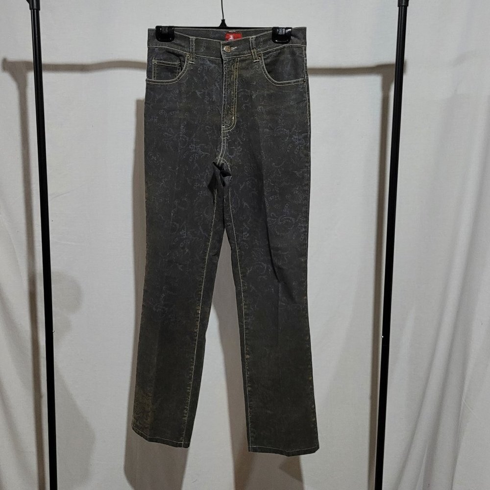 Lois jeans black stretch denim pants paisley grey brown pattern boho high rise